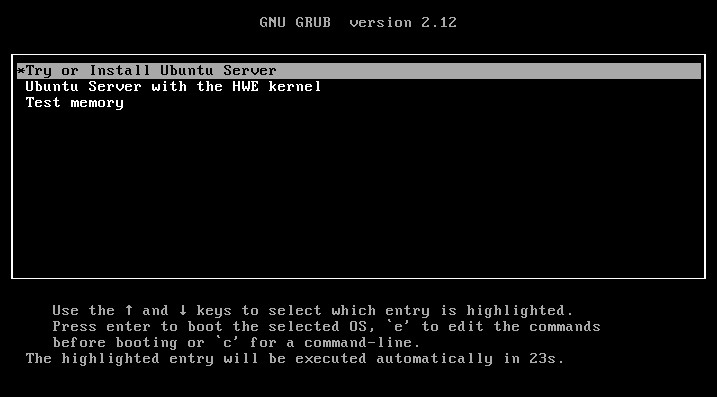 Menú de inicio de Ubuntu Server